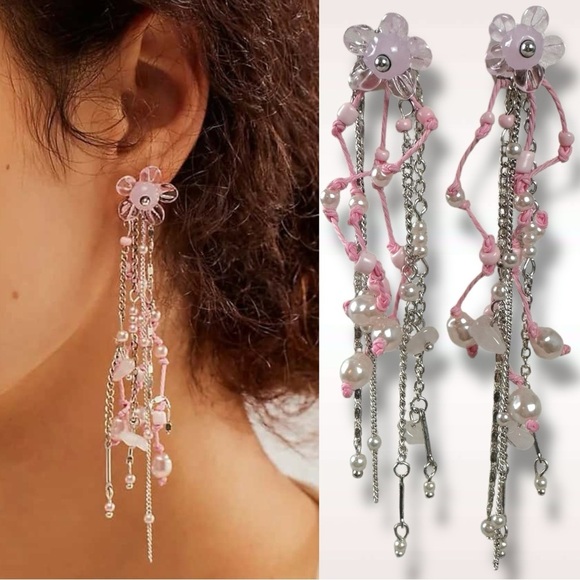 Free People Earrings Willow Dangles Pink NWT Flower Pearls Whimsical Spring - Picture 1 of 7
